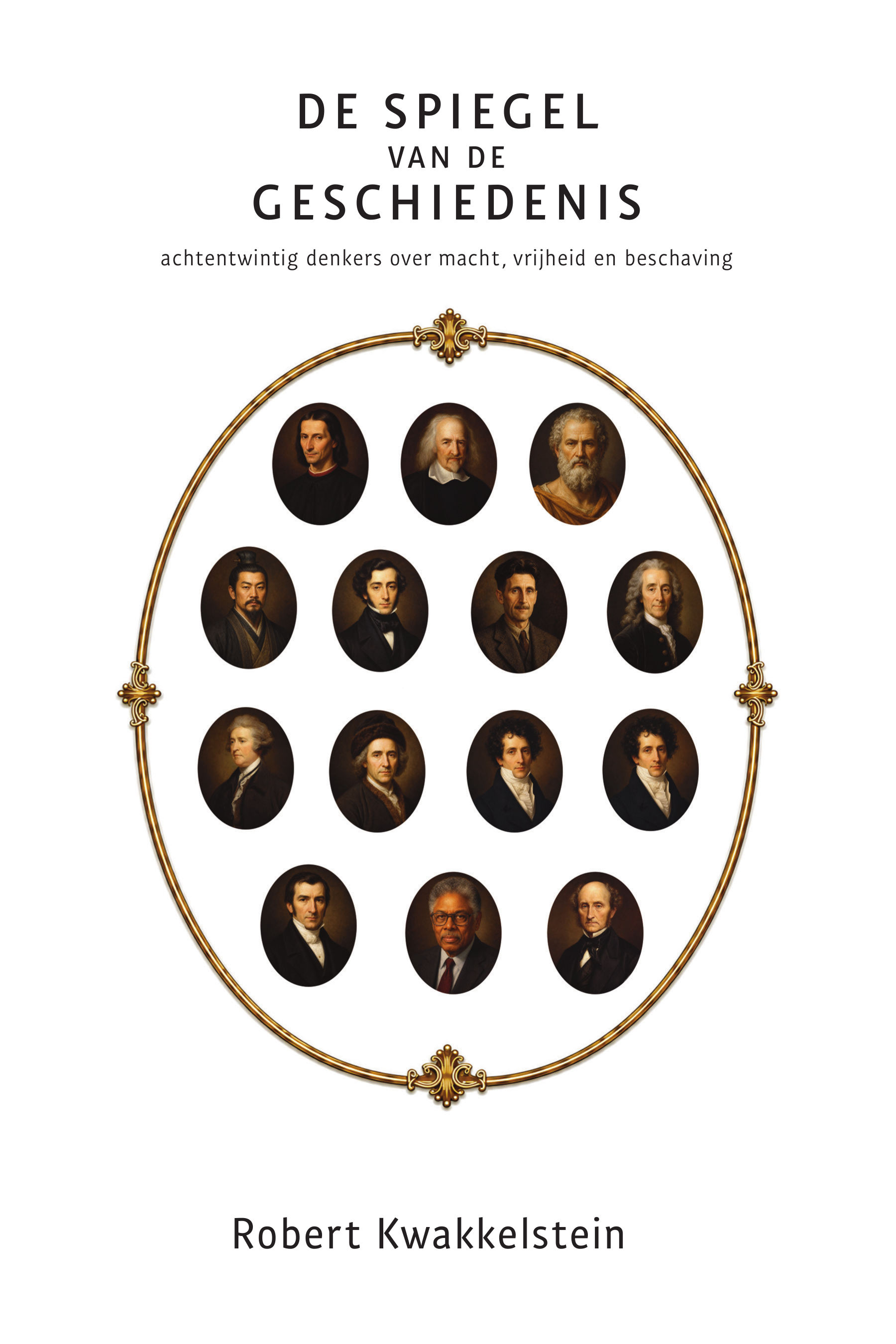 Definitieve witte voorzijde van De Spiegel van de Geschiedenis, met een gouden spiegel en de eerste veertien denkers